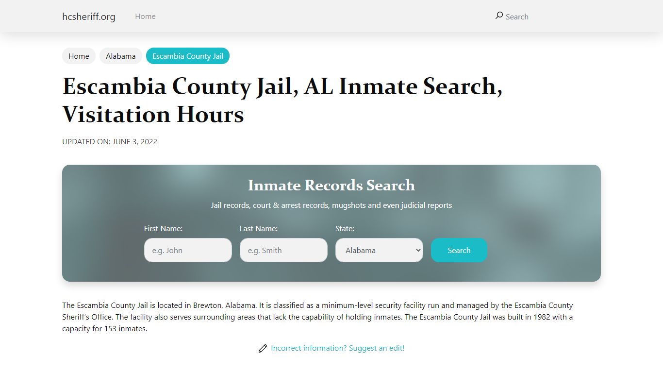 Escambia County Jail , AL Inmate Search, Visitation Hours